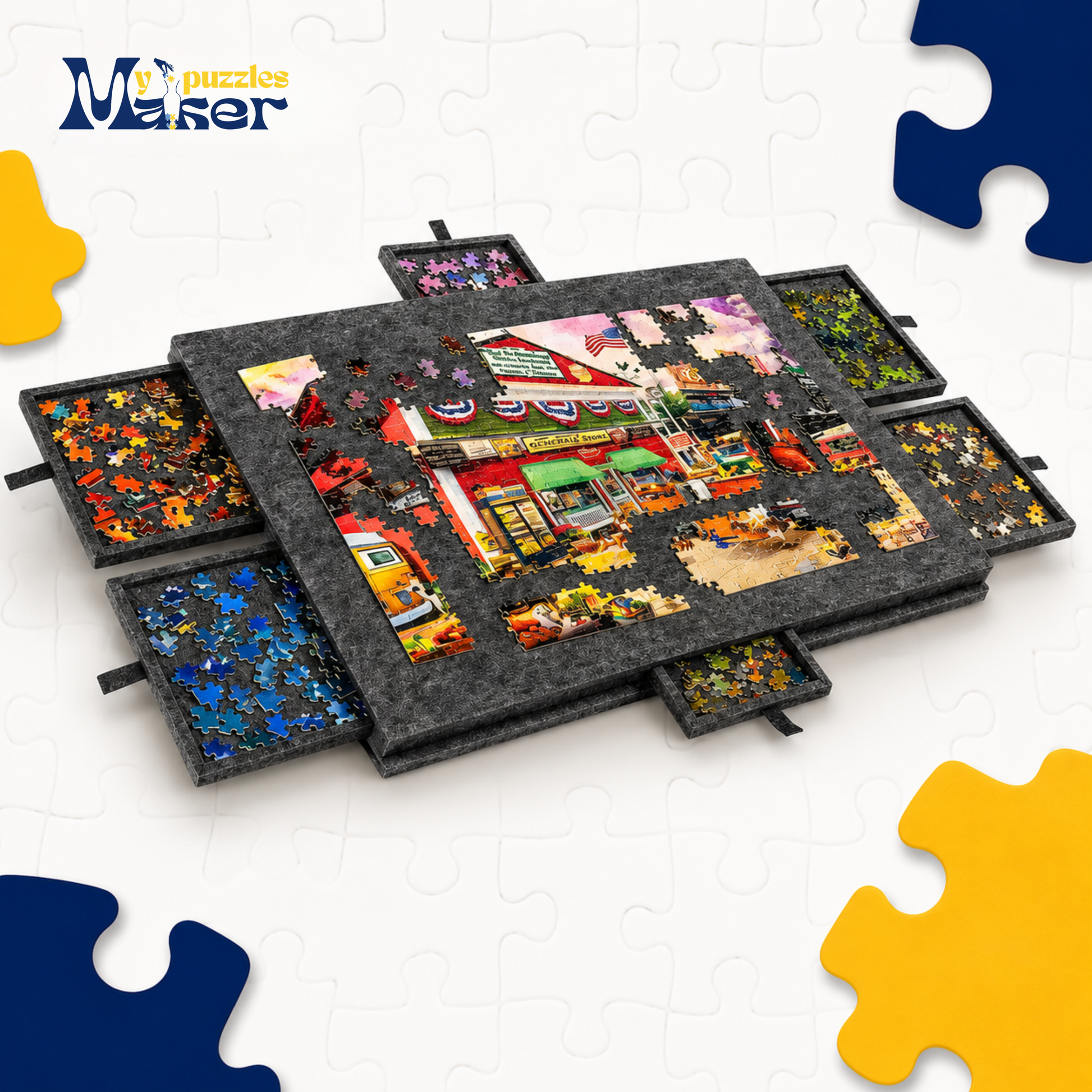 Jigsaw puzzle with completed pieces and missing ones on a white background