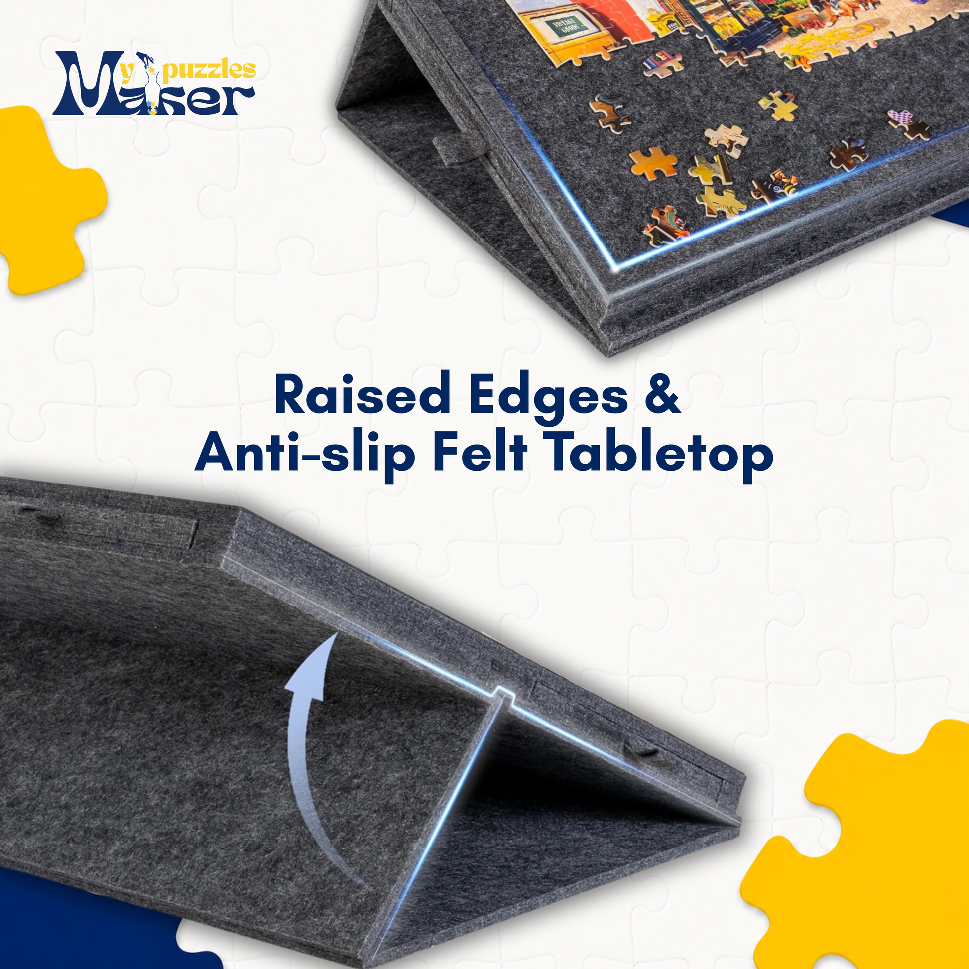 Jigsaw puzzle mat with raised edges and anti-slip felt tabletop, featuring Meier Puzzles logo.