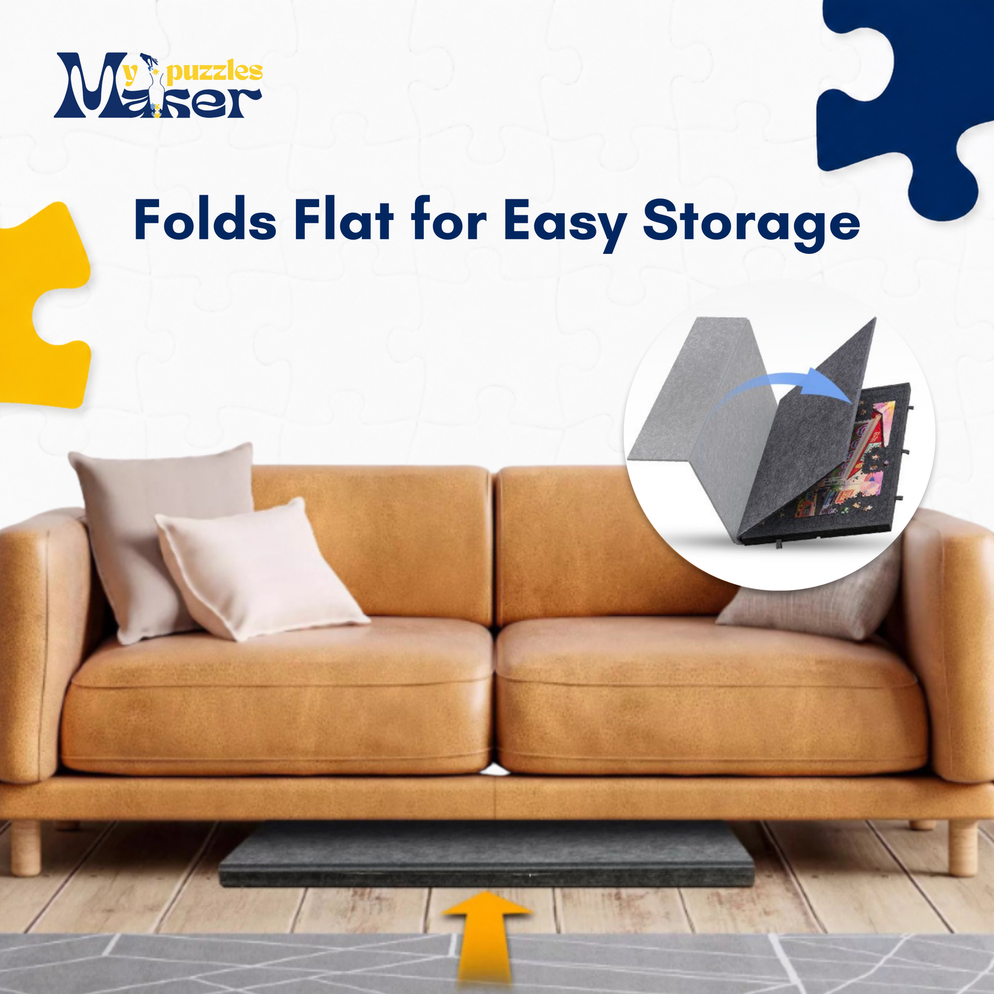 Brown sofa with a puzzle piece design and text 'Folds Flat for Easy Storage' on a white background.