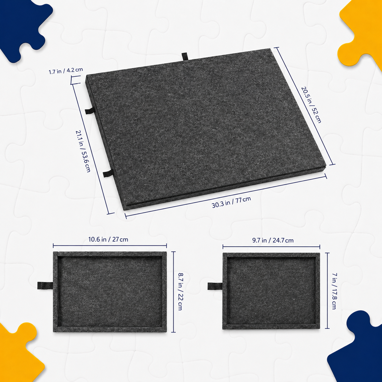 Gray felt board with measurements on a white background