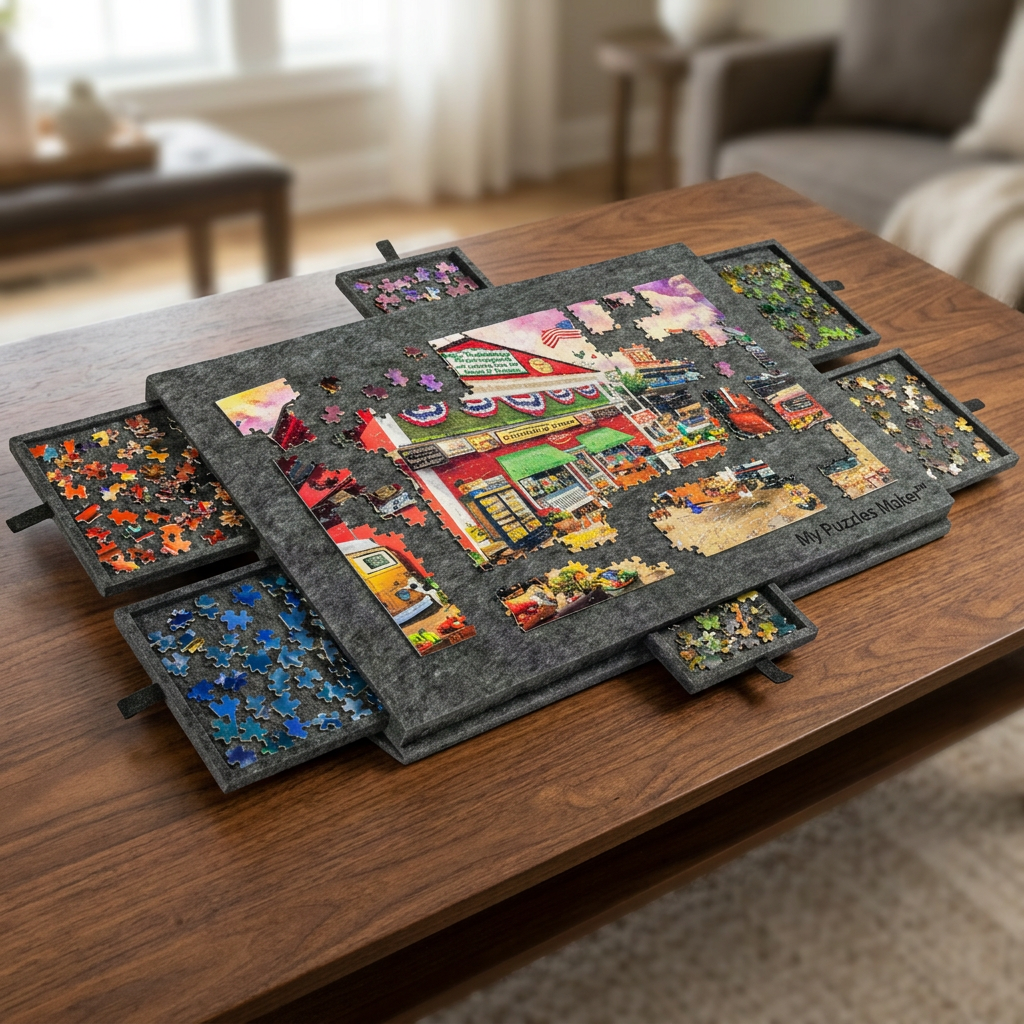 Jigsaw puzzle with completed sections on a wooden table