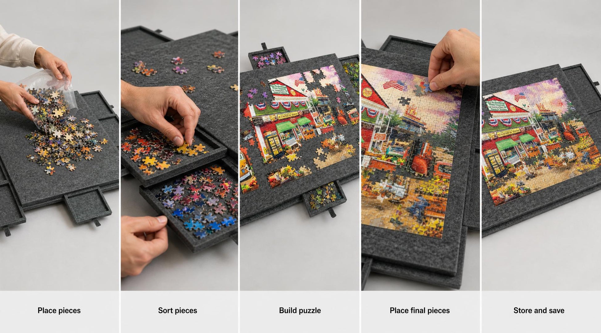 Step-by-step process of assembling a puzzle with hands placing pieces, sorting, building, and storing.